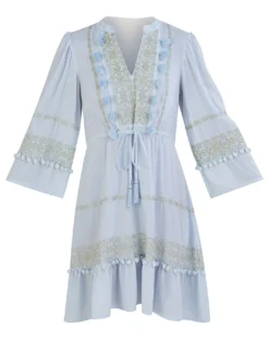 Monsoon Embroidered Pom-Pom Kaftan Dress| Blue