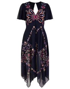 Monsoon Brittany Embroidered Dress| Navy