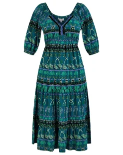 Monsoon Tiered Leaf Midi Jersey Dress| Green