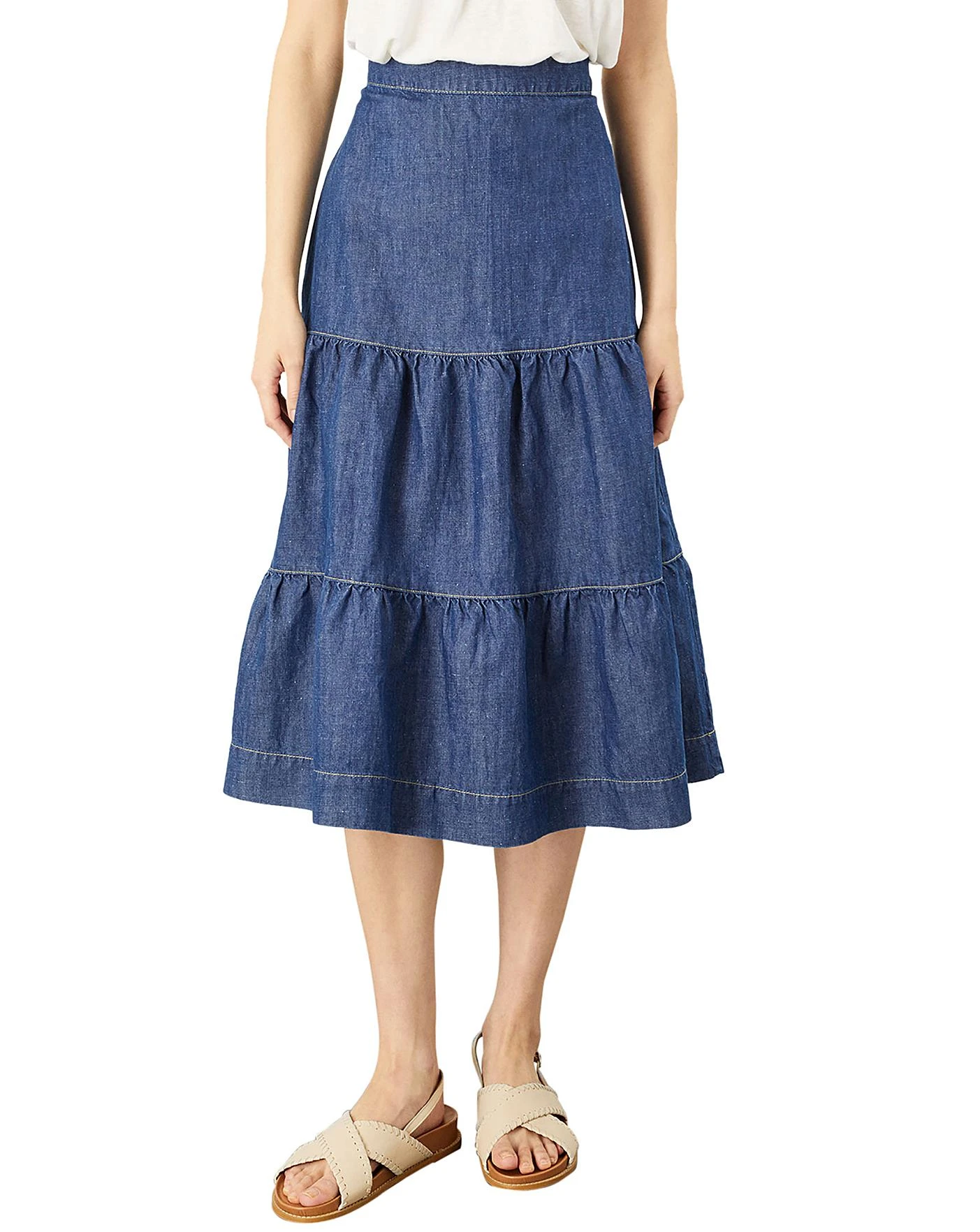 Monsoon Hemp Denim Tiered Midi Skirt| Denim Blue 3 Monsoon Hemp Denim Tiered Midi Skirt| Denim Blue - Image 3