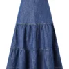 Monsoon Hemp Denim Tiered Midi Skirt| Denim Blue