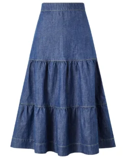 Monsoon Hemp Denim Tiered Midi Skirt| Denim Blue