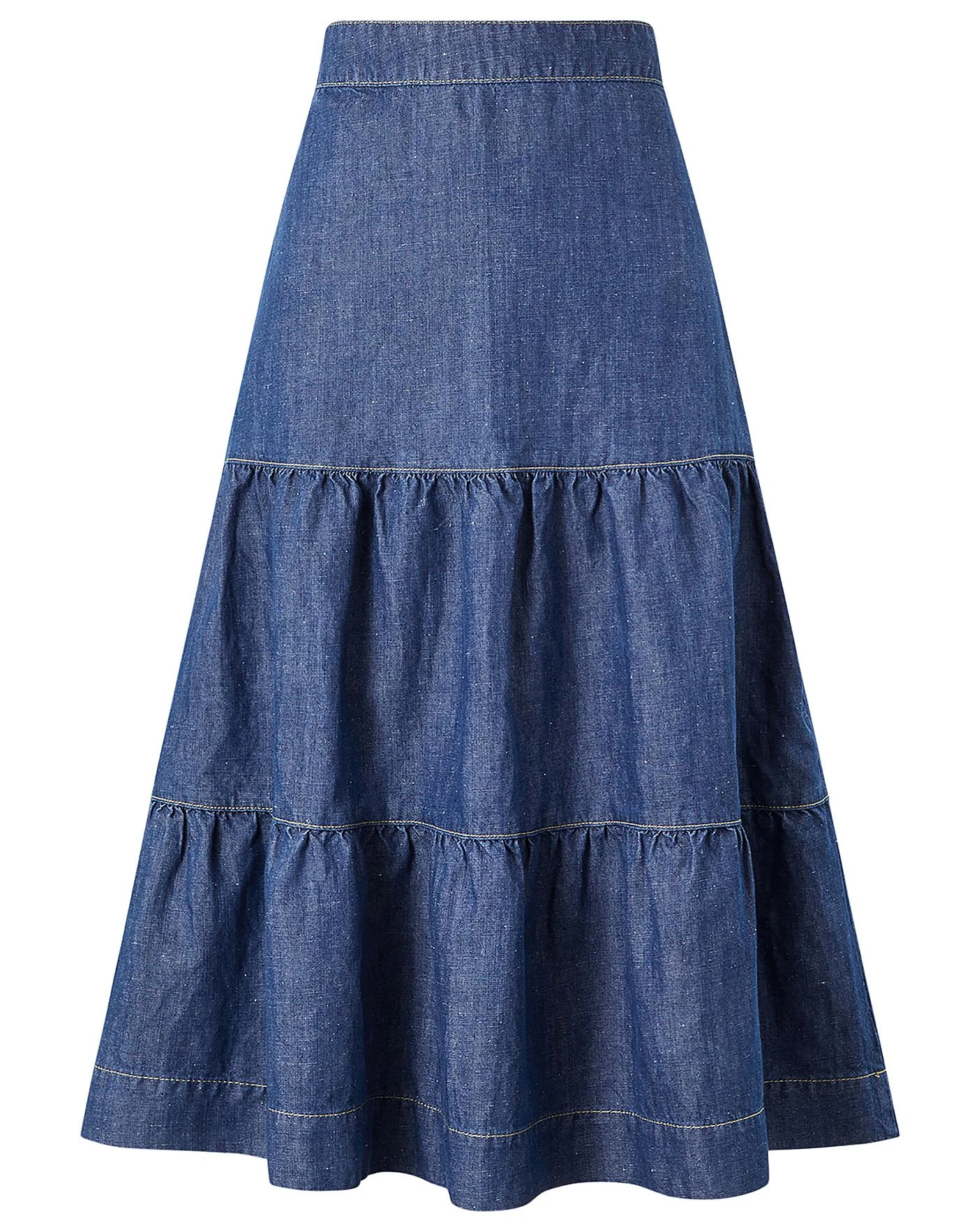Monsoon Hemp Denim Tiered Midi Skirt| Denim Blue 1 Monsoon Hemp Denim Tiered Midi Skirt| Denim Blue