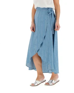 Blue Stripe Soft Lyocell Denim Wrap Maxi Skirt| Blue Stripe