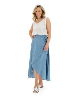 Blue Stripe Soft Lyocell Denim Wrap Maxi Skirt| Blue Stripe -Cheap Wovinity Store q01tc440710w