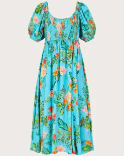 Monsoon Limella Floral Shirred Dress| Blue