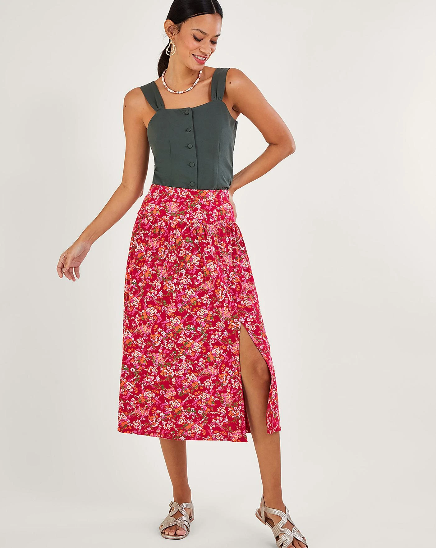 Monsoon Ditsy Floral Print Skirt| Red 2 Monsoon Ditsy Floral Print Skirt| Red - Image 2