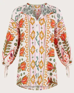 Monsoon Print Shirred Blouse| Ivory