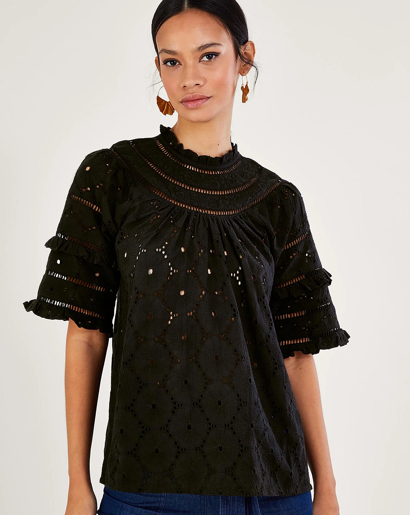 Monsoon Ruffle Trim Embroidered Top| Black 3 Monsoon Ruffle Trim Embroidered Top| Black - Image 3