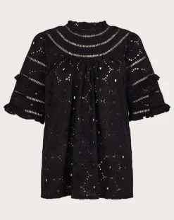 Monsoon Ruffle Trim Embroidered Top| Black