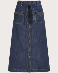 Monsoon Plait Pocket Denim Midi Skirt| Denim Blue