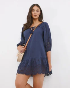 Vibrant Islands Cotton Broderie Anglaise Beach Kaftan| Navy