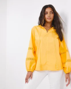 Yellow Long Sleeve Lace Trim Blouse| Yellow