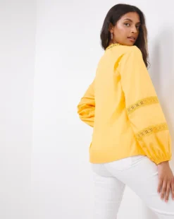 Yellow Long Sleeve Lace Trim Blouse| Yellow -Cheap Wovinity Store w01ch506707w