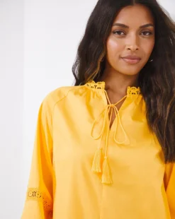 Yellow Long Sleeve Lace Trim Blouse| Yellow -Cheap Wovinity Store w01ch506708w