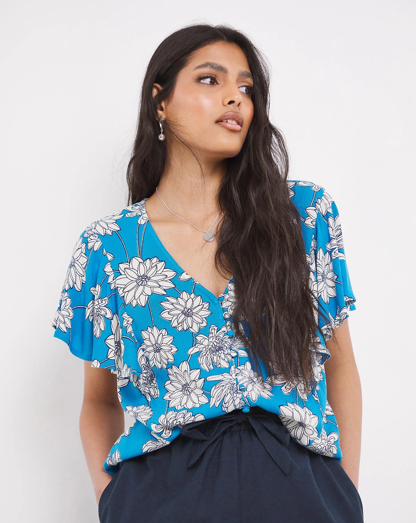 Multi Floral Short Sleeve Crinkle Frill Sleeve Top| Blue Floral 1 Multi Floral Short Sleeve Crinkle Frill Sleeve Top| Blue Floral