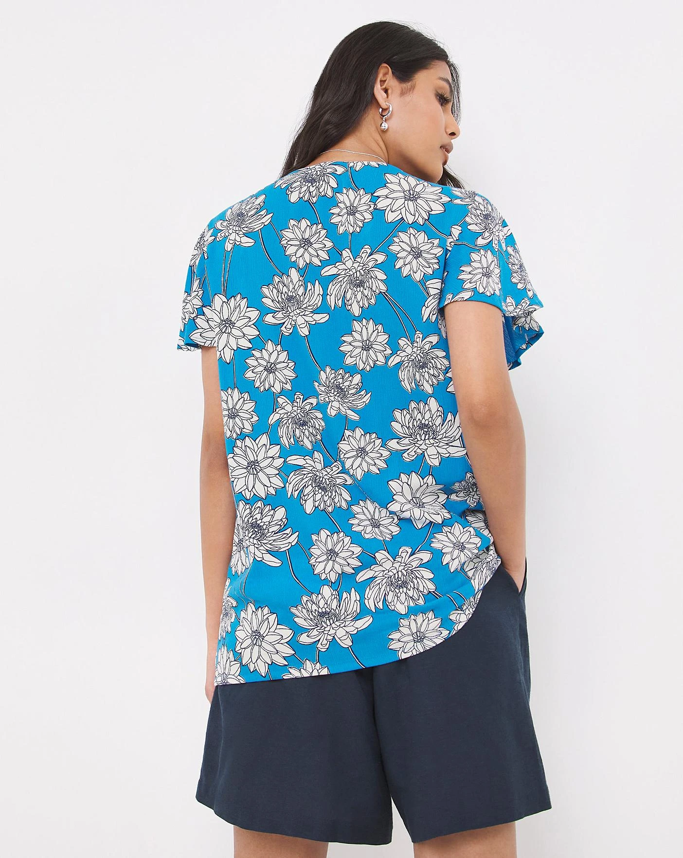 Multi Floral Short Sleeve Crinkle Frill Sleeve Top| Blue Floral 4 Multi Floral Short Sleeve Crinkle Frill Sleeve Top| Blue Floral - Image 4