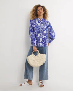 Blue Floral Print Long Sleeve Button Front Blouse| Blue Print