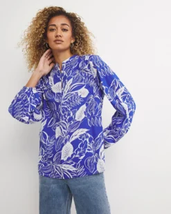 Blue Floral Print Long Sleeve Button Front Blouse| Blue Print 6 Blue Floral Print Long Sleeve Button Front Blouse| Blue Print -Cheap Wovinity Store w01ch890707w
