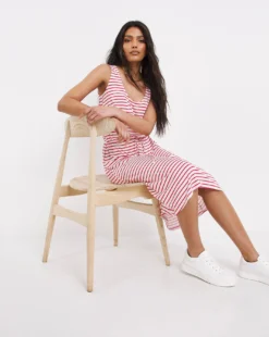 Striped Knee Length Vest Dress| Red Stripe