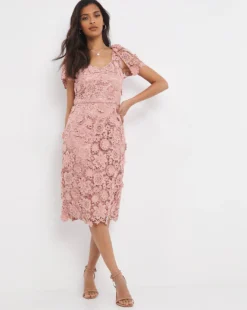 Joanna Hope Blush 3D Lace Midi Dress| Blush