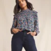Anise Alyssa Multi Floral Three Quarter Sleeve Shirred Yoke Top| Multi Coloured Floral