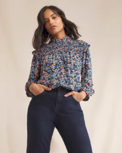 Anise Alyssa Multi Floral Three Quarter Sleeve Shirred Yoke Top| Multi Coloured Floral