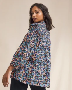 Anise Alyssa Multi Floral Three Quarter Sleeve Shirred Yoke Top| Multi Coloured Floral -Cheap Wovinity Store w01vk030805w