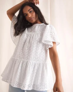 Anise Daphne White Broderie Peplum Hem Top| White