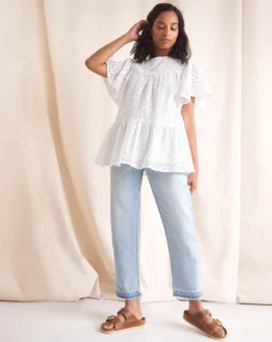 Anise Daphne White Broderie Peplum Hem Top| White -Cheap Wovinity Store w01vk077740w