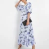 Joanna Hope Satin Puff Sleeve Midi Dress| Blue Print