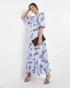 Joanna Hope Satin Puff Sleeve Midi Dress| Blue Print
