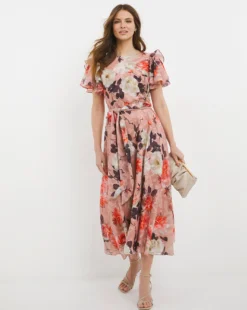 Joanna Hope Frill Sleeve Printed Midi Dress| Blush Print