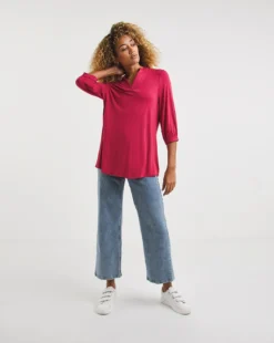 Crimson Jersey V-Neckline Long Sleeve Shirt| Crimson -Cheap Wovinity Store x01ai804731w