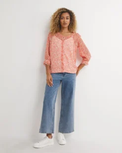 Red Floral Three Quarter Sleeve Sheer Button Front Tea Blouse With Cami| Red Floral 6 Red Floral Three Quarter Sleeve Sheer Button Front Tea Blouse With Cami| Red Floral -Cheap Wovinity Store x01bm123746w