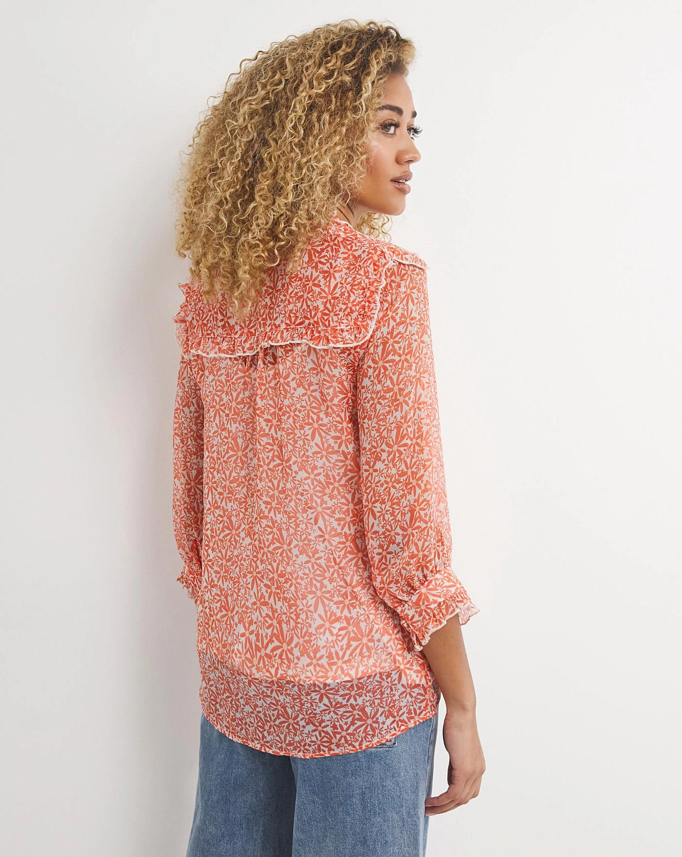 Red Floral Three Quarter Sleeve Sheer Button Front Tea Blouse With Cami| Red Floral 4 Red Floral Three Quarter Sleeve Sheer Button Front Tea Blouse With Cami| Red Floral - Image 4