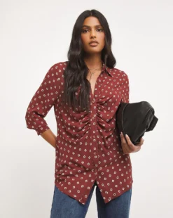 Geo Print Long Sleeve Ruched Placket Shirt| Geo Print