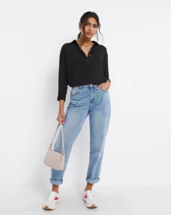 Black Three Quarter Sleeve Satin Trim Shirt| Black