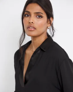 Black Three Quarter Sleeve Satin Trim Shirt| Black -Cheap Wovinity Store x01bm510740w