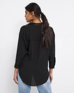 Black Three Quarter Sleeve Satin Trim Shirt| Black -Cheap Wovinity Store x01bm510741w