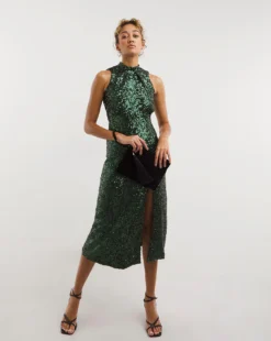Closet London Sequin V-Back Dress| Green