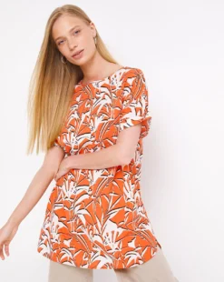 Red Tropical Short Sleeve Longline Boxy Top| Tropical Print