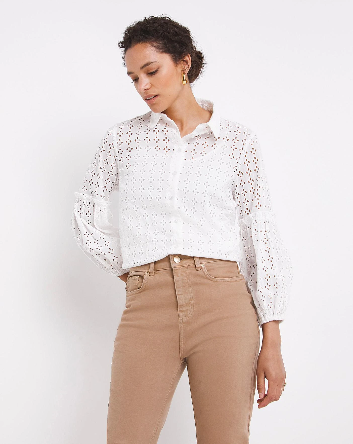 White Long Volume Sleeve Broderie Shirt| White 1 White Long Volume Sleeve Broderie Shirt| White