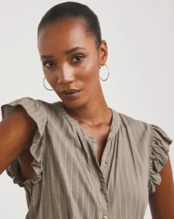 Collarless Frill Sleeve Pocket Shirt Dress| Taupe Stripe -Cheap Wovinity Store x01fh816829w