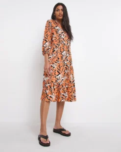 Coral Print V-Neck Balloon Sleeve Smock Dress| Coral Print