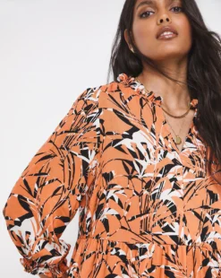 Coral Print V-Neck Balloon Sleeve Smock Dress| Coral Print -Cheap Wovinity Store x01fh839727w