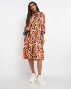 Coral Print V-Neck Balloon Sleeve Smock Dress| Coral Print -Cheap Wovinity Store x01fh839730w