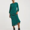 Green Soft Touch Balloon Sleeve Midi Jersey A-Line Dress| Green Print