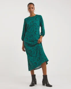 Green Soft Touch Balloon Sleeve Midi Jersey A-Line Dress| Green Print