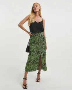 Whistles Leopard Petal Side Ruched Skirt| Green Multicolour